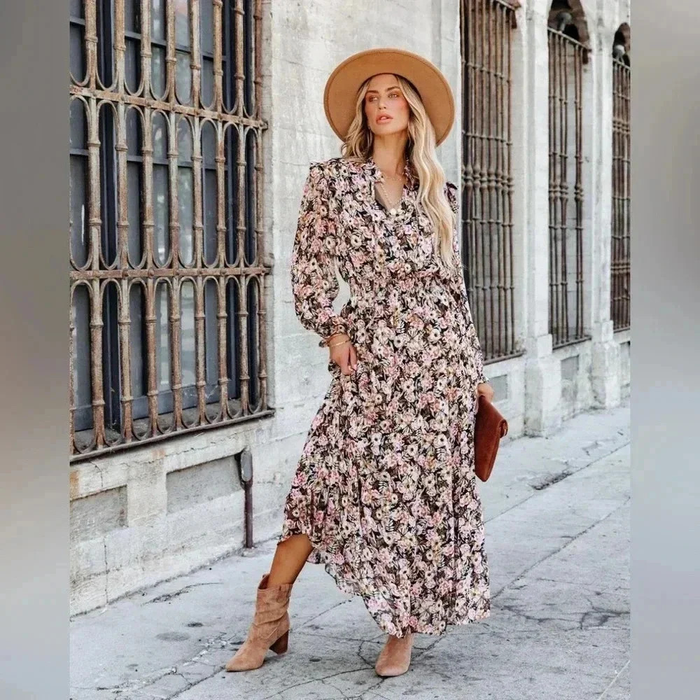 Dress Forum Boho Floral Maxi Chiffon Bubble Sleeve Ruffle Dress Medium